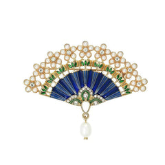 14K Gold Pearl Embellished Crystal Vintage Fan Brooch Blue