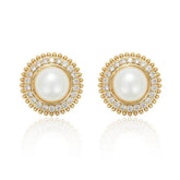 14K Gold Pearl Rhinestone Halo Stud Earrings White / Clip On