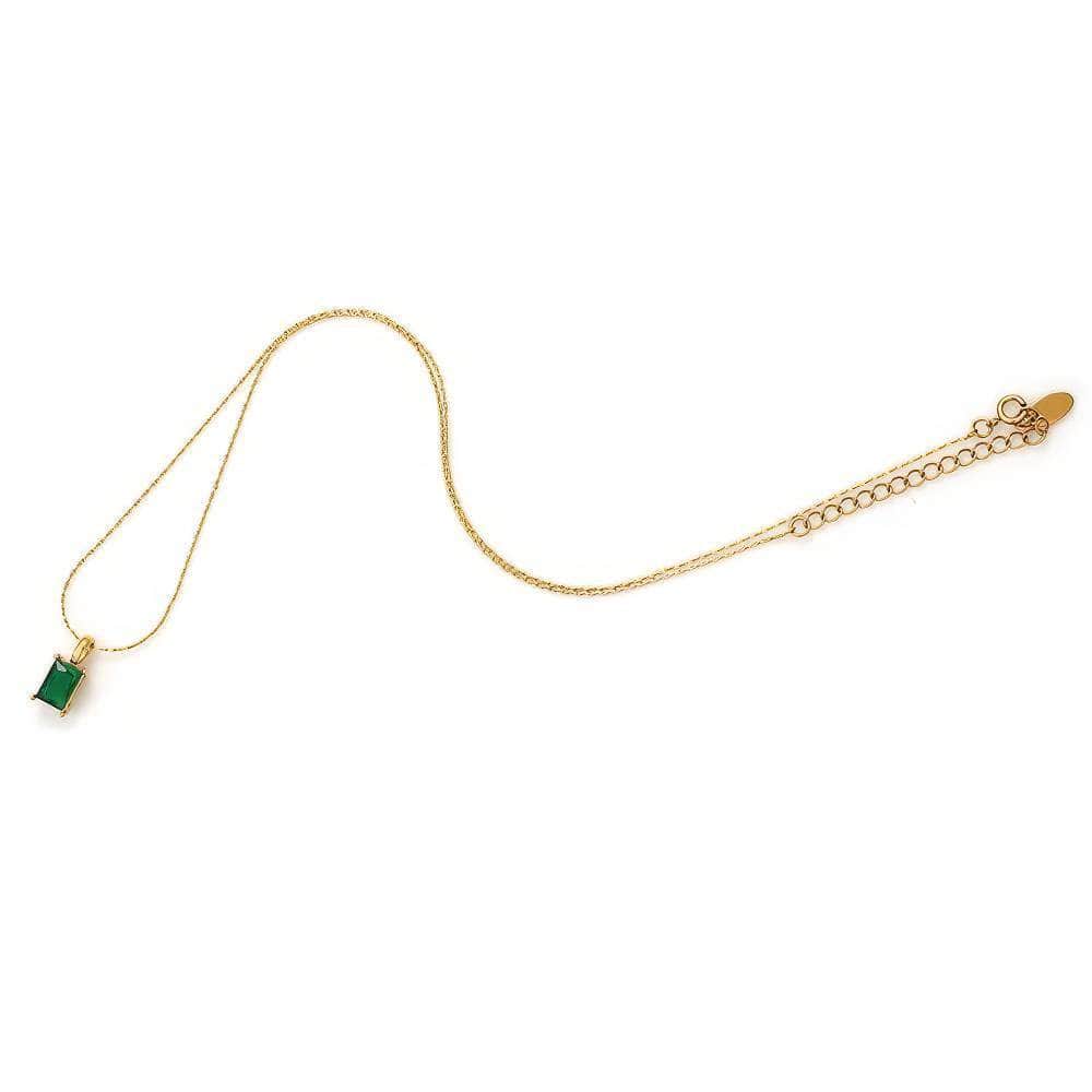 14K Gold Rectangular Cut Emerald Gemstone Necklace Green