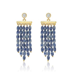 14K Gold Rhinestone Studded Pearly Chandelier Earrings Blue / Clip On