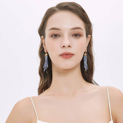 14K Gold Rhinestone Studded Pearly Chandelier Earrings Blue / Clip On