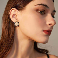 14K Gold Round Rhinestone Studded Enamel Two-Toned Earrings