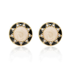 14K Gold Round Rhinestone Studded Enamel Two-Toned Earrings Black / Clip On