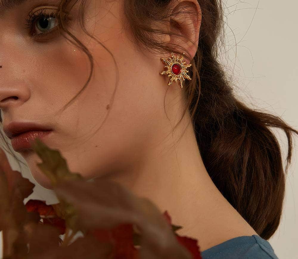 14K Gold Sunflower Picasso Statement Earrings Red / Clip On