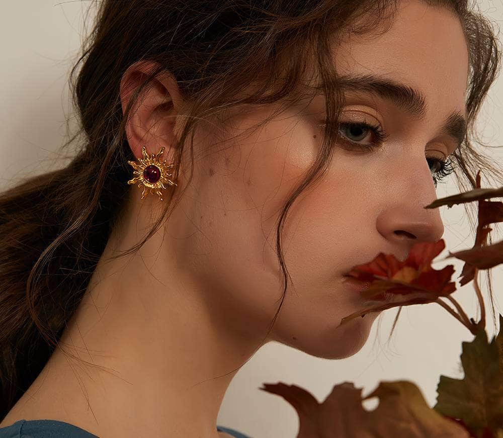 14K Gold Sunflower Picasso Statement Earrings Red / Clip On