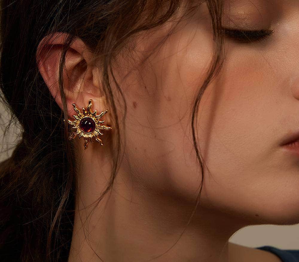 14K Gold Sunflower Picasso Statement Earrings Red / Clip On