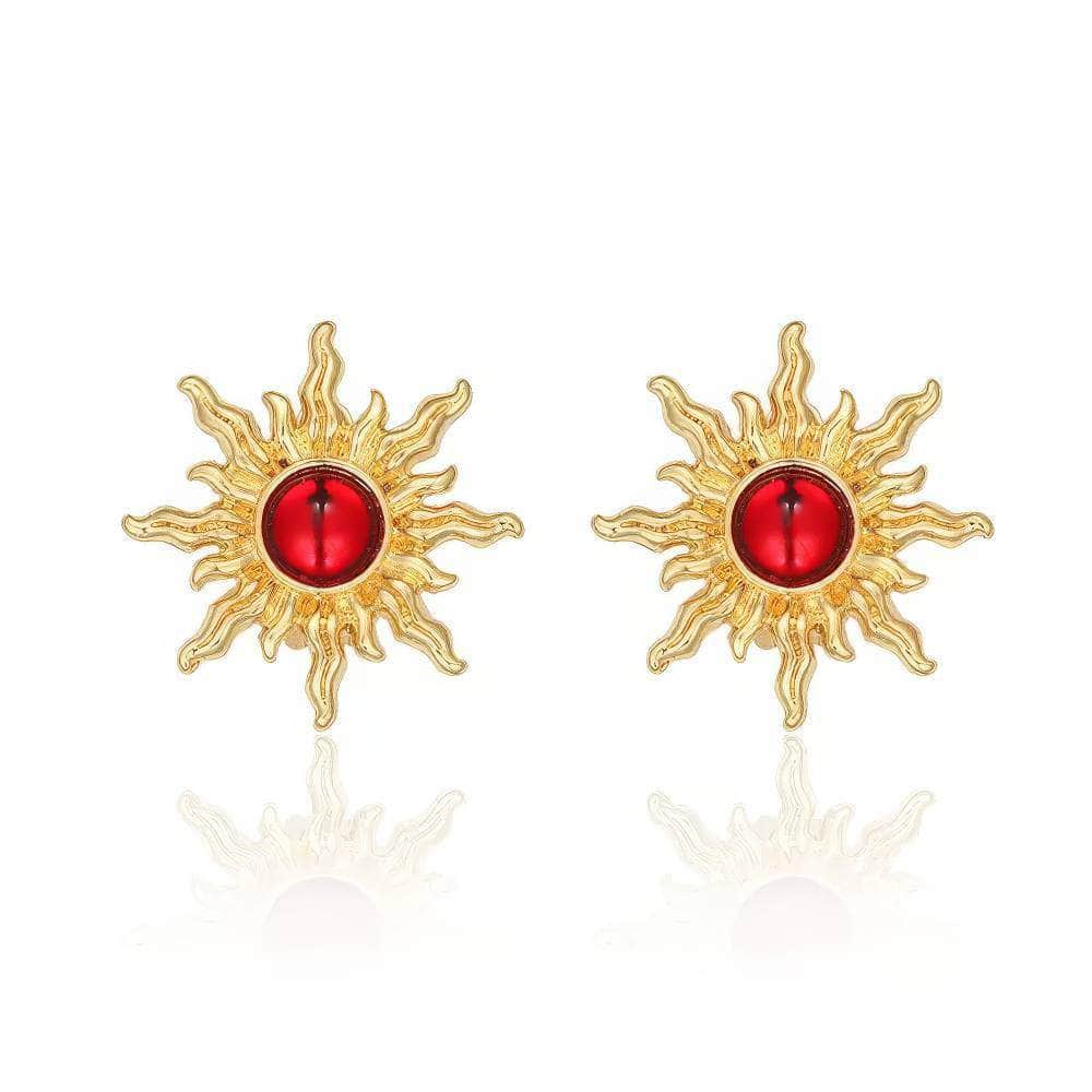14K Gold Sunflower Picasso Statement Earrings Red / Clip On