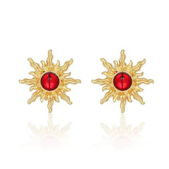 14K Gold Sunflower Picasso Statement Earrings Red / Clip On