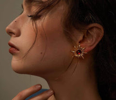 14K Gold Sunflower Picasso Statement Earrings Red / Clip On