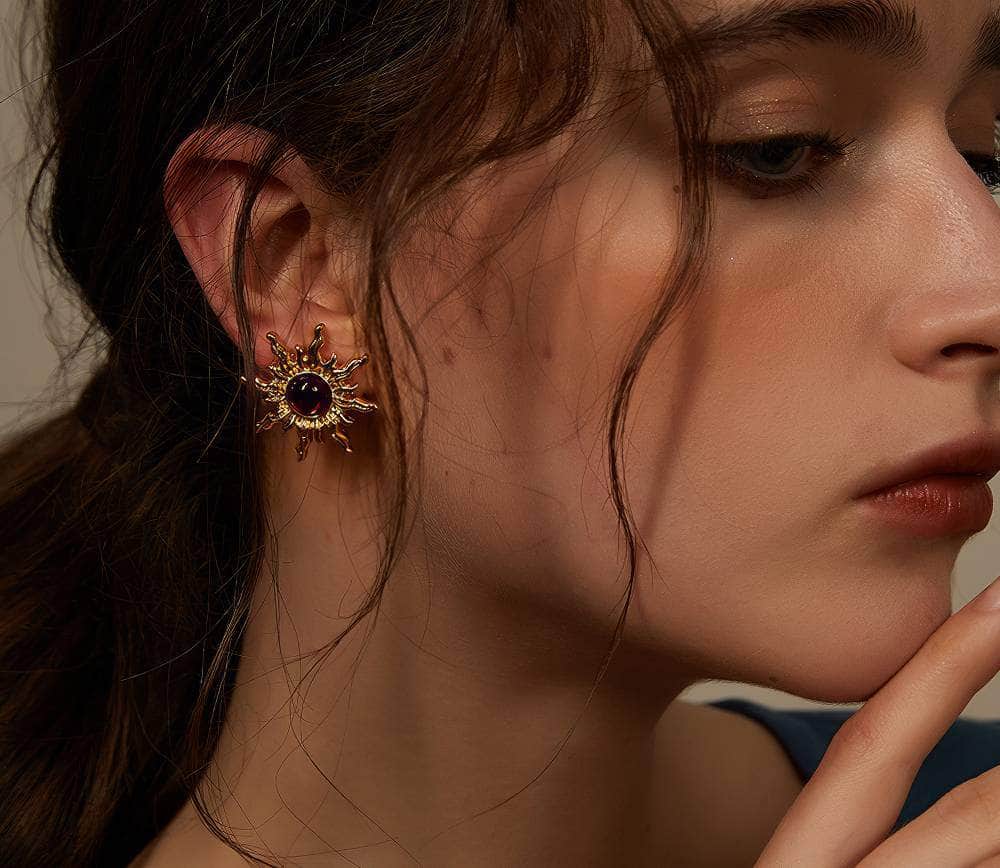 14K Gold Sunflower Picasso Statement Earrings Red / Clip On