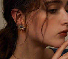 14K Gold Sunflower Picasso Statement Earrings Red / Clip On