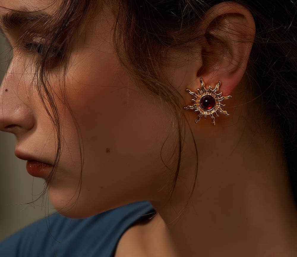 14K Gold Sunflower Picasso Statement Earrings Red / Clip On