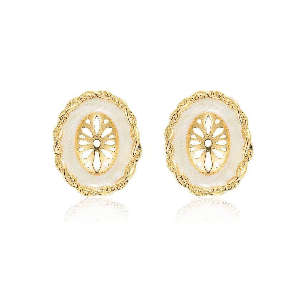 14K Gold Tribal Decorated Oval Earrings Ivory / Clip On