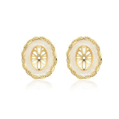 14K Gold Tribal Decorated Oval Earrings Ivory / Clip On