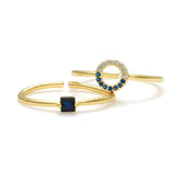 14k Gold Two-Set Blue Gemstone Crystal Paved Deco Cuff Ring Adjustable / Blue