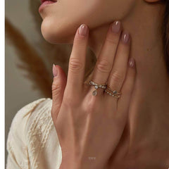 14k Gold Two-Set Crystal Paved Teardrop Cuff Ring Adjustable / White