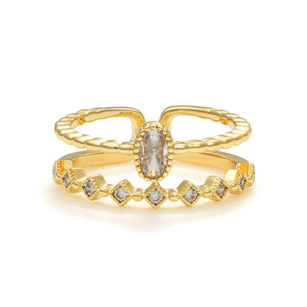 14k Gold Two-Set Crystal Paved Teardrop Cuff Ring Adjustable / White