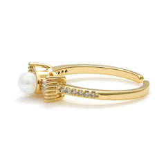 14k Gold Two-Sets Paved Crystal Pearl Deco Adjustable Rings Adjustable / White
