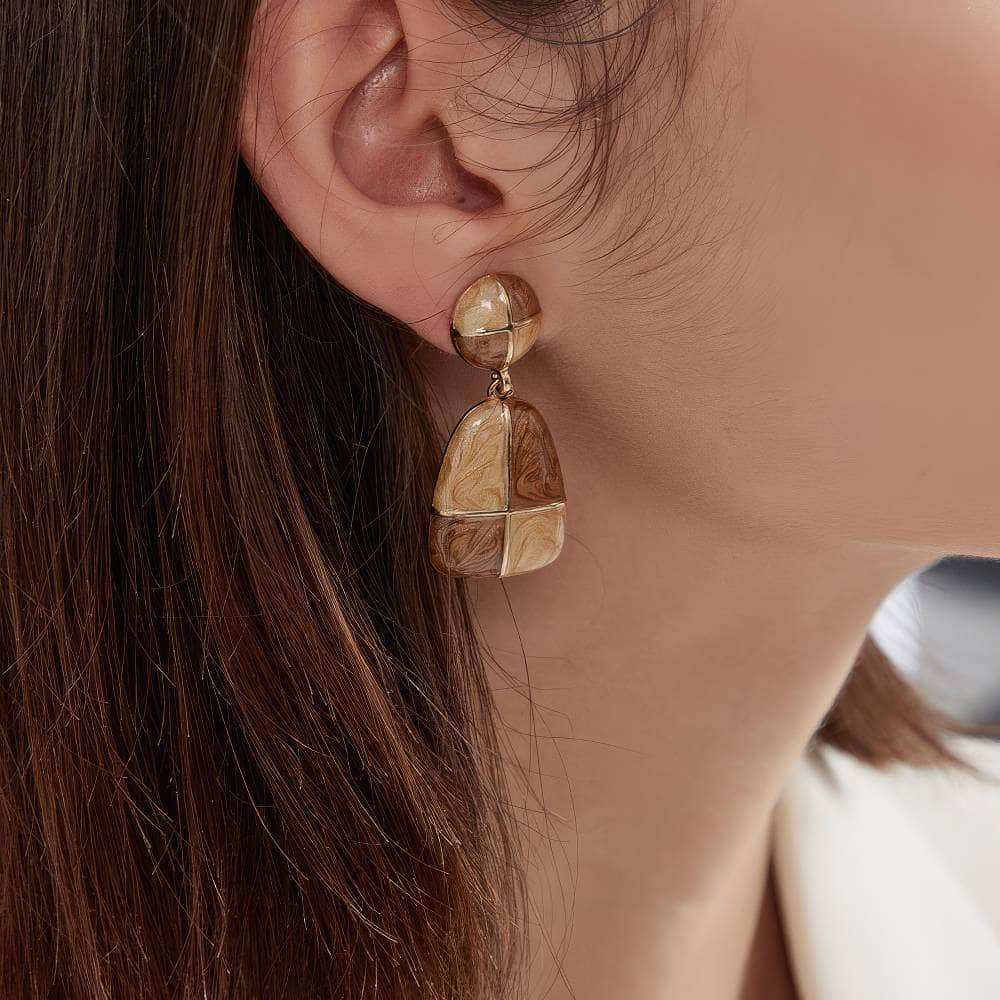 14K Gold Two-Toned Vintage Enamel Dangle Earrings Brown