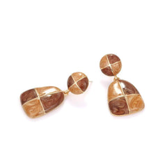 14K Gold Two-Toned Vintage Enamel Dangle Earrings Brown