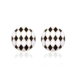 14K Gold Vintage Checker Board Round Statement Earrings White / Clip On