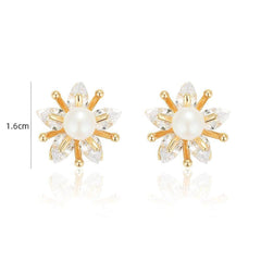 14k Paved Crystal Pearl Embellished Sunflower Stud Earrings Gold / Clip On