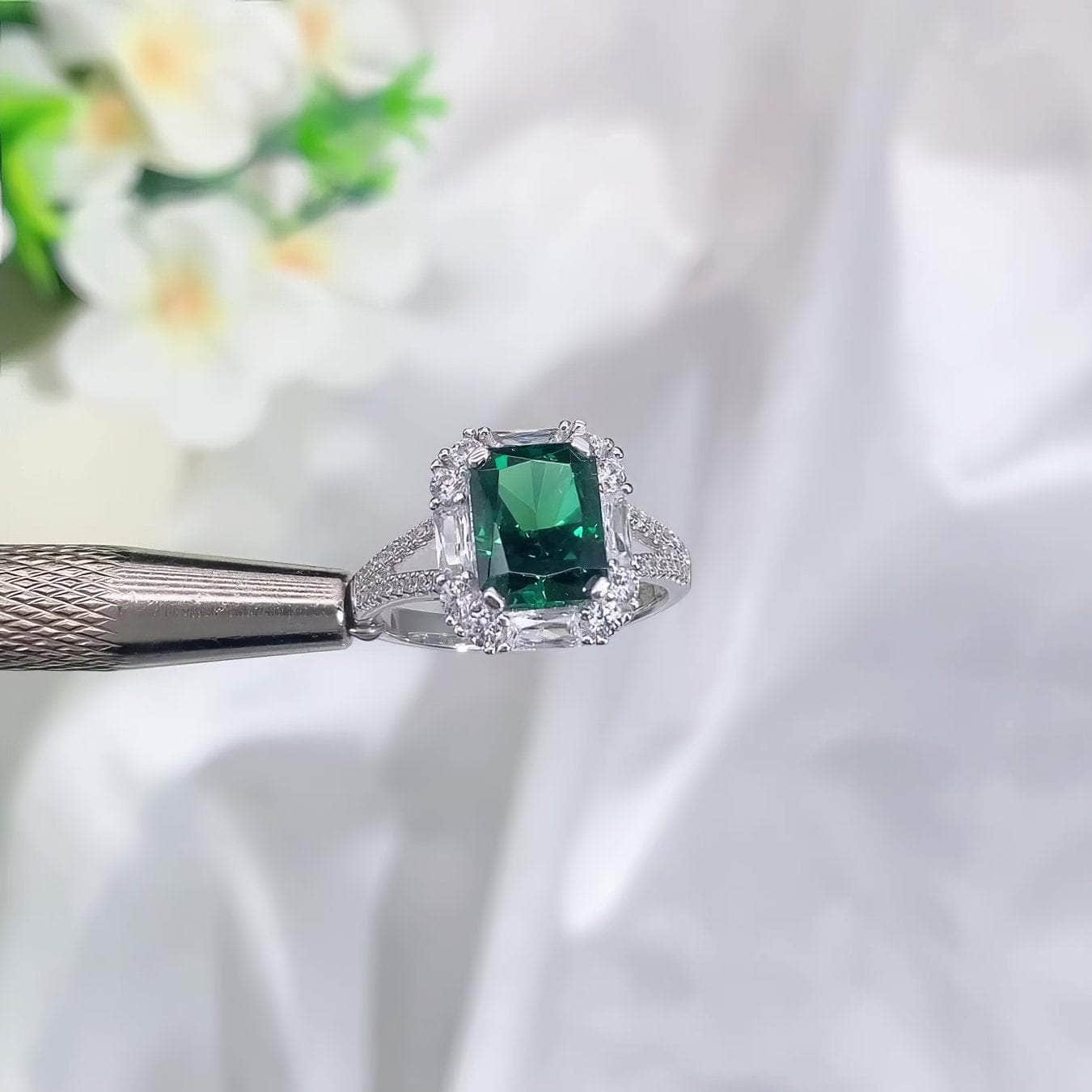 14k White Gold Emerald Cushion Cut Lab Simulated Diamond Gemstone Ring