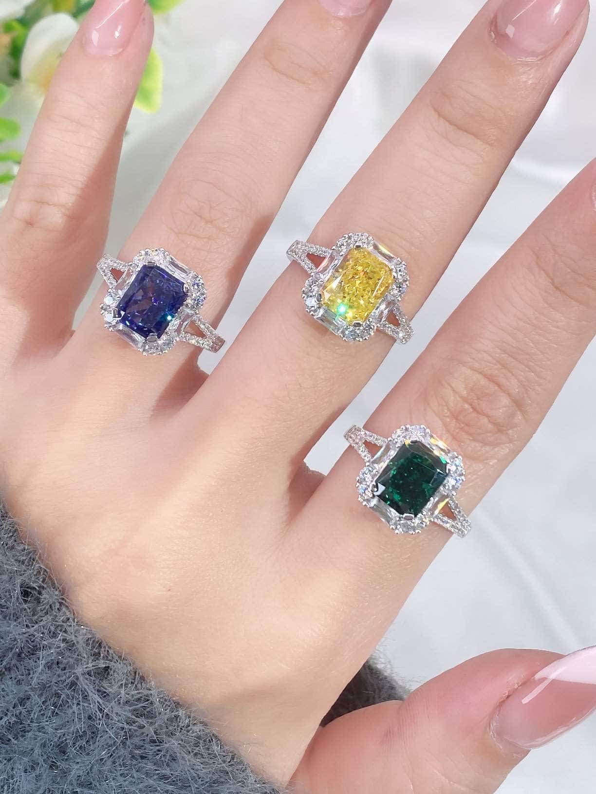 14k White Gold Emerald Cushion Cut Lab Simulated Diamond Gemstone Ring