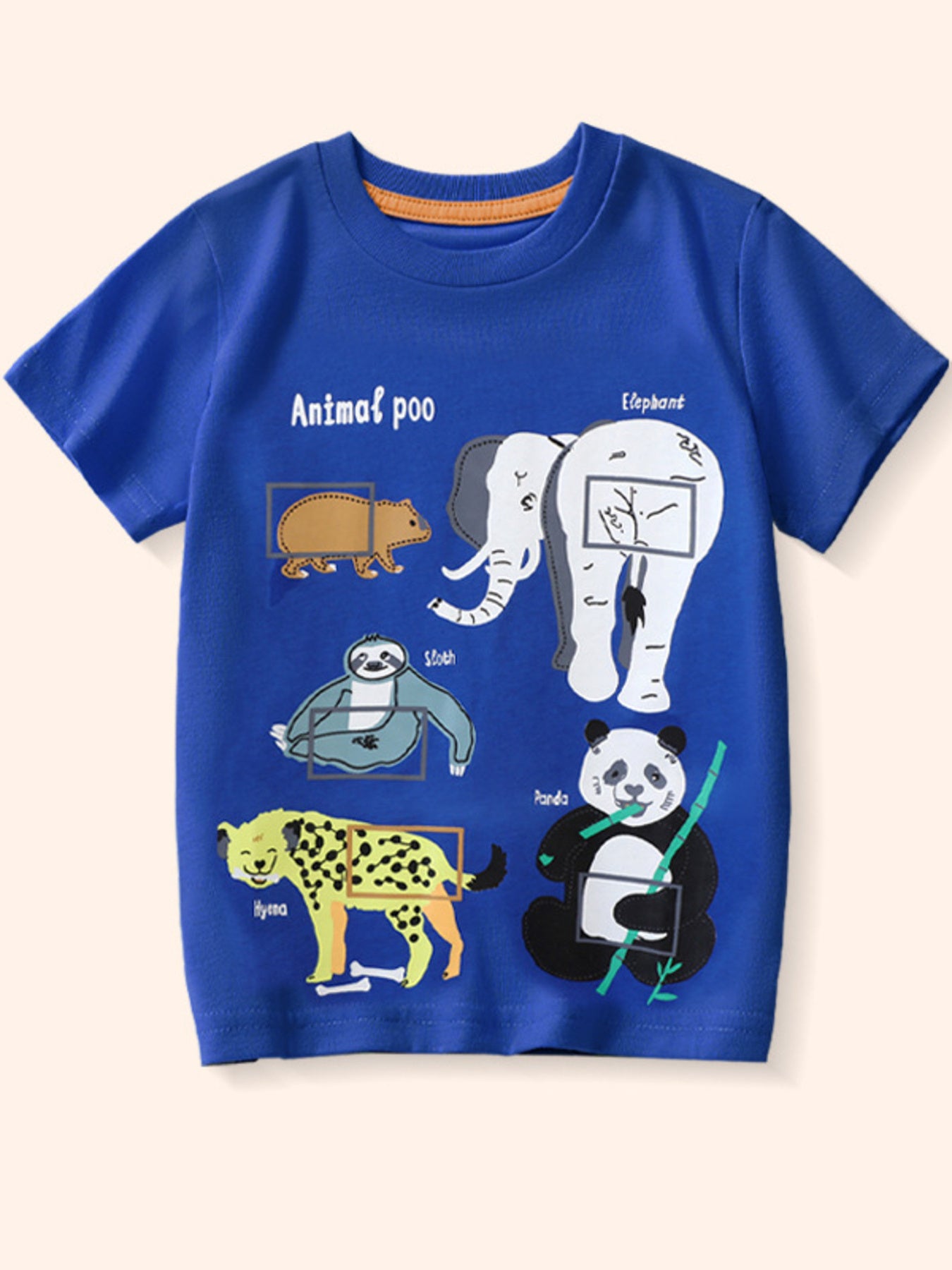 Flat lay front view of a children's royal blue t-shirt with elephant sloth panda and hyena animal graphics