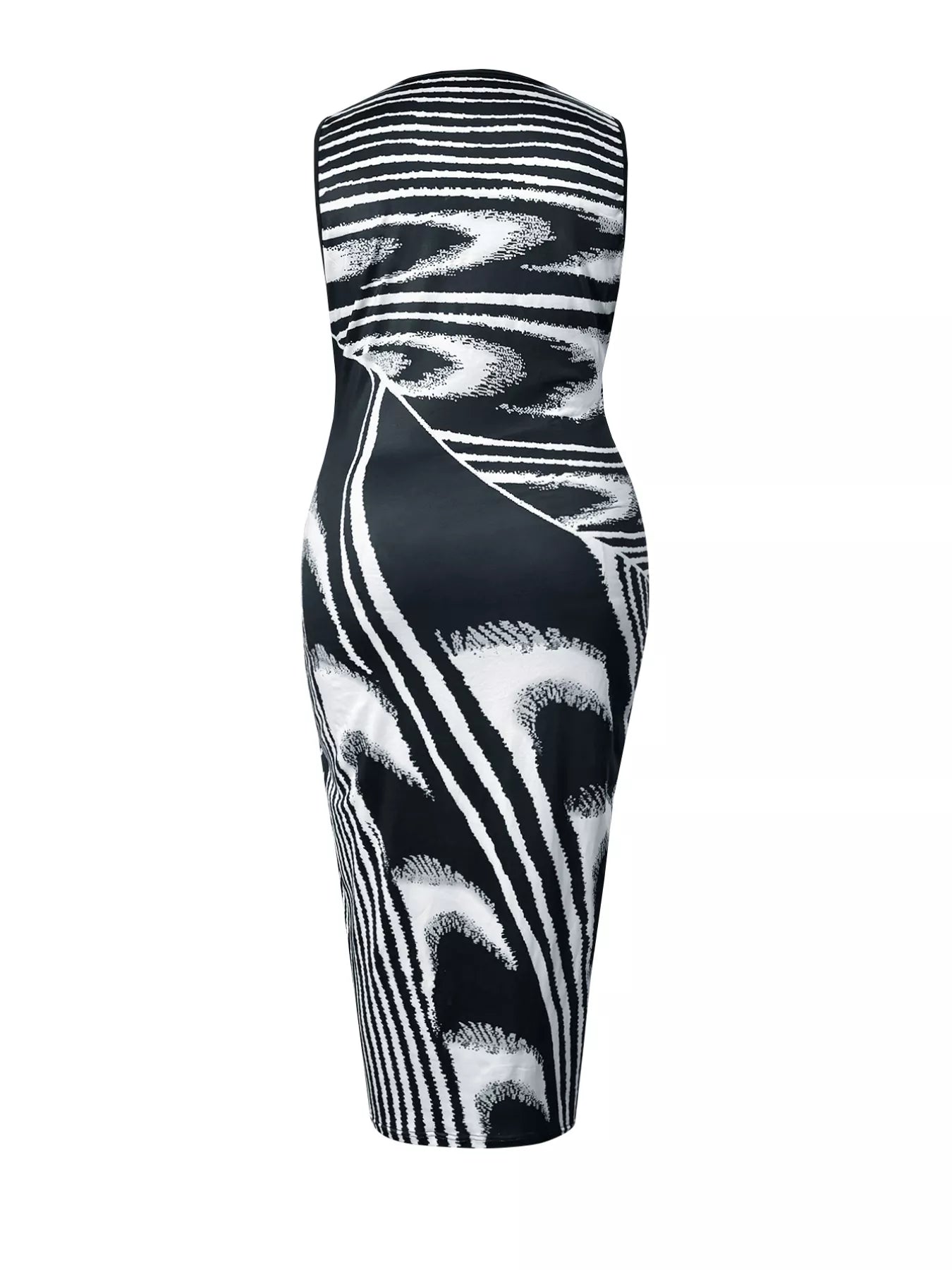 Flat back view of a plus size black and white sleeveless bodycon maxi dress on a white background