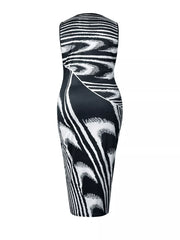 Flat back view of a plus size black and white sleeveless bodycon maxi dress on a white background