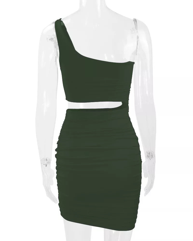 Army green one shoulder cutout ruched bodycon mini dress on a clear mannequin back view