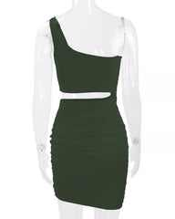 Army green one shoulder cutout ruched bodycon mini dress on a clear mannequin back view