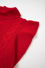Close-up of the red cable knit turtleneck sweater ruffled short sleeve