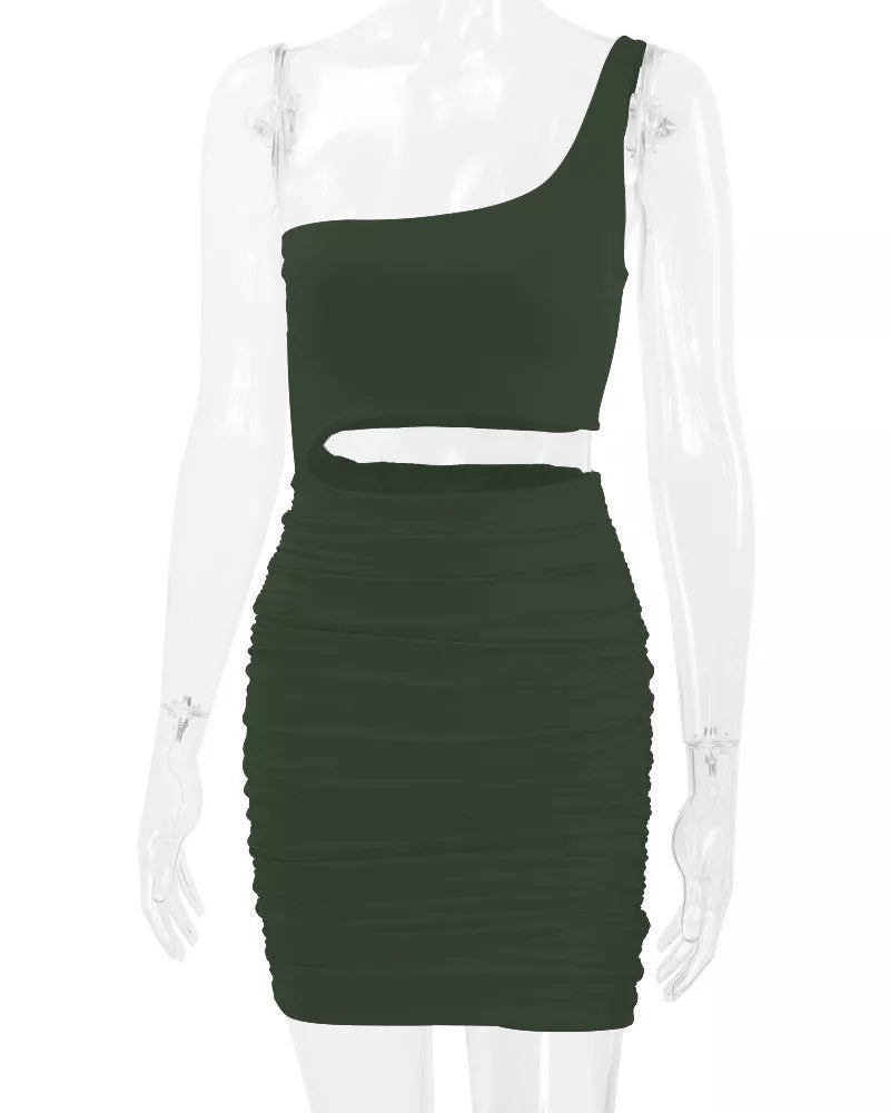Army green one shoulder cutout ruched bodycon mini dress on a clear mannequin front view