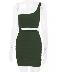 Army green one shoulder cutout ruched bodycon mini dress on a clear mannequin front view