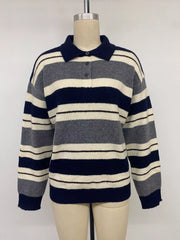Front view of the striped polo sweater displayed on a mannequin