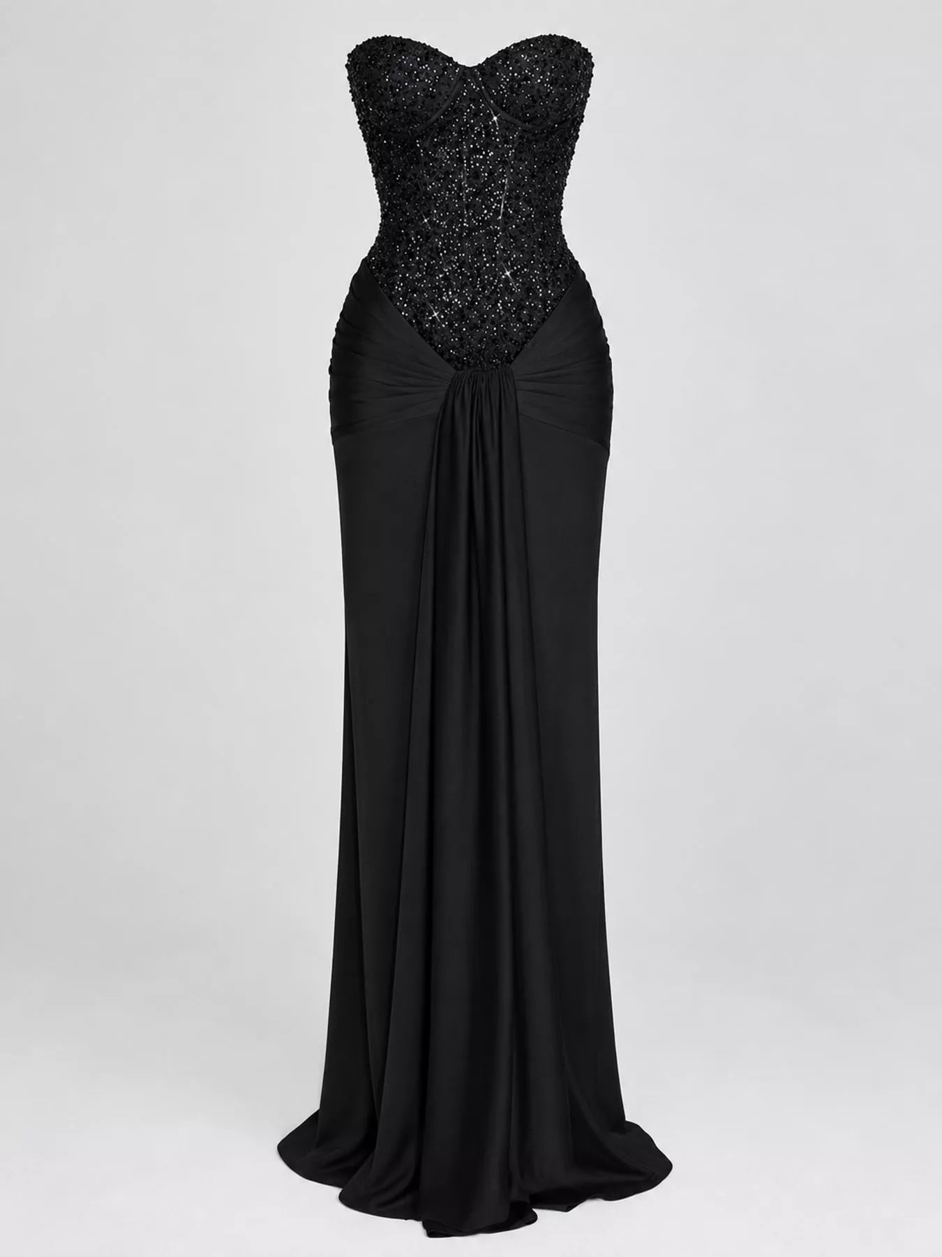 Black strapless sequin corset maxi dress with draped waist, front view without model