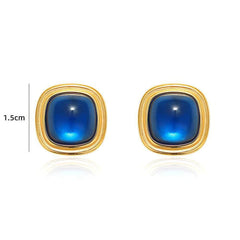 18K Gold Blue Gemstone Cabochon Earrings Blue