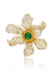 18K Gold Emerald Crystal Inlaid Sparkling Brooch Green