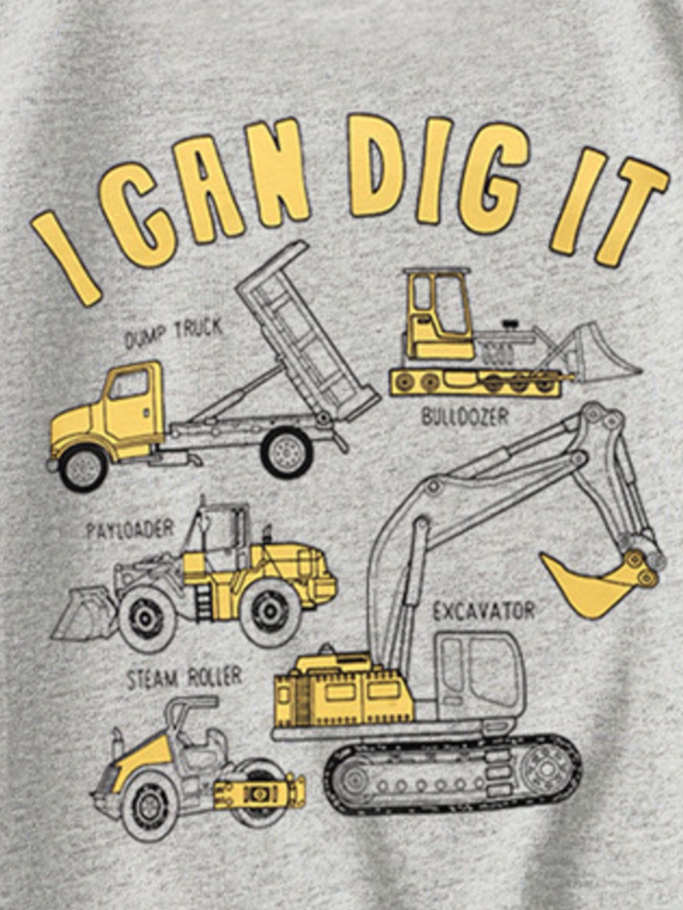 Close-up of construction vehicle graphics including excavator and dump truck on gray children's tee