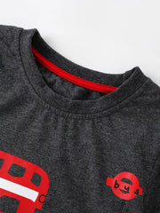 Close up of dark gray children's t-shirt round neckline with red inner trim stitching