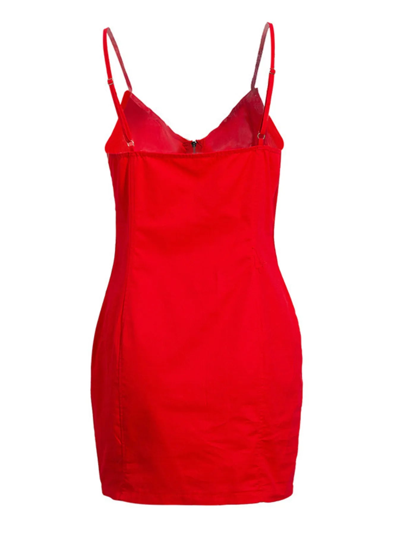 Red zip front bodycon mini dress laid flat, back view showing thin straps and straight neckline