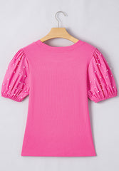 Pearl Detail Round Neck Puff Sleeve Blouse