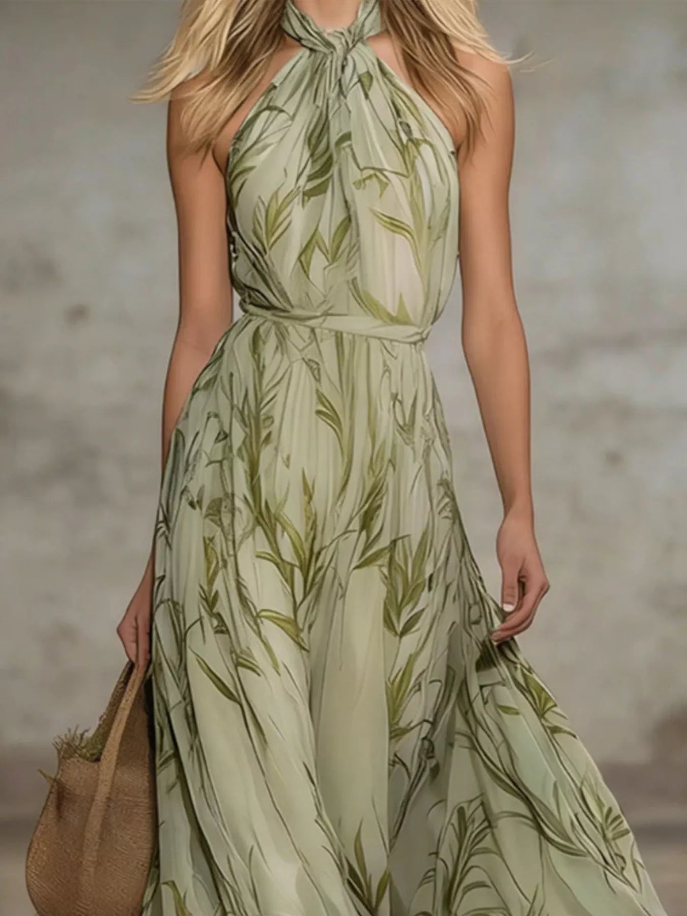 Close front view of a matcha leaf print chiffon dress showing the tied halter neck detail