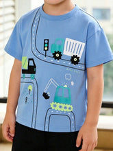Front view of a sky blue children's t-shirt with truck excavator and road print