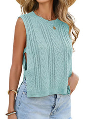 Close on-model front view of a lake green chevron knit sweater vest with side slit