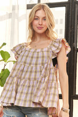 Blusa babydoll con cuello cuadrado y mangas cortas con volantes de ADORA