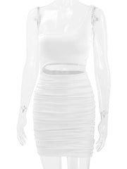 Front view of white one shoulder cutout ruched bodycon mini dress on a clear mannequin