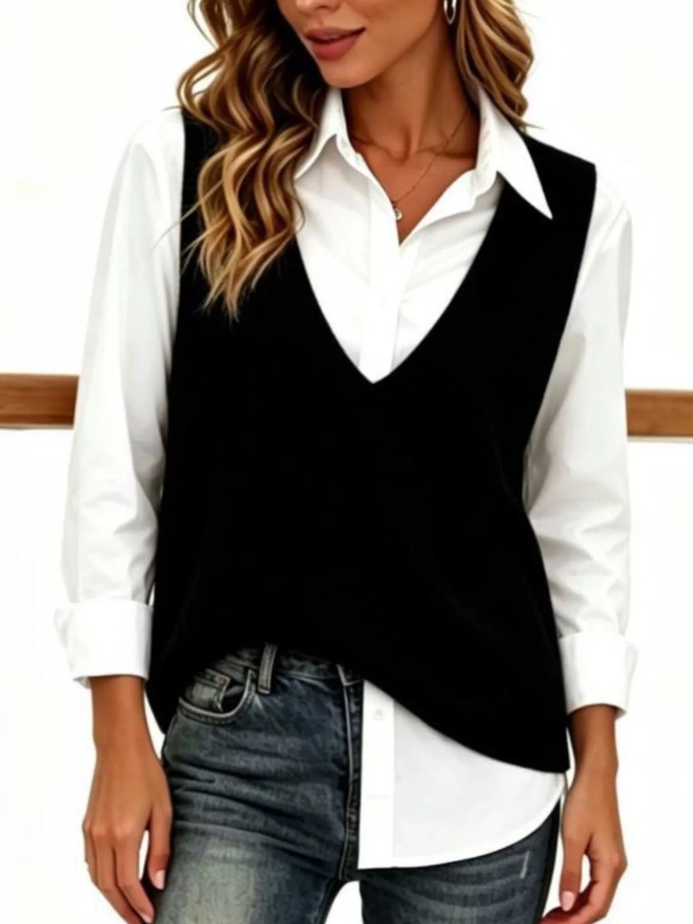 Black V neck sleeveless knit sweater vest layered over white collared shirt, front view